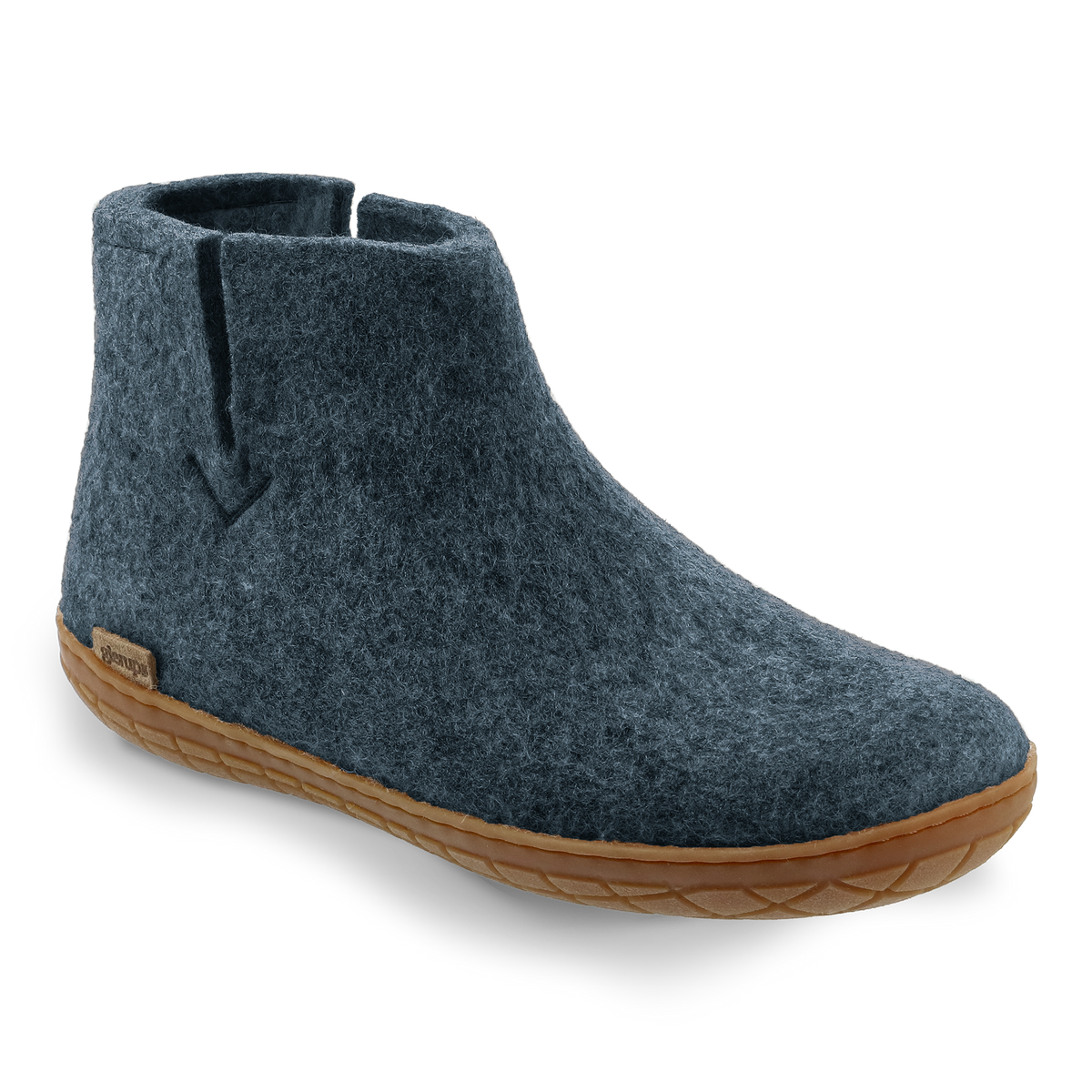 Denim wool boot with a natural rubber sole.