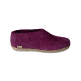 Cranberry felted slipper on a white background