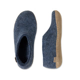 Blue felted slippers with a brown sole on a white background