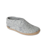 Gray felted wool clog shoe on a white background