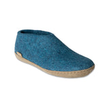 Blue slipper with brown sole on a white background