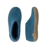 Blue felted slippers with a brown sole on a white background