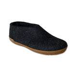 Dark gray slip-on shoe with honey rubber sole on a white background