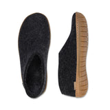 Dark gray felt shoe with a honey rubber sole on a white background