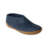 Blue slip-on shoe with honey rubber sole on a white background