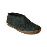 Forest green slip-on shoe with honey rubber sole on a white background