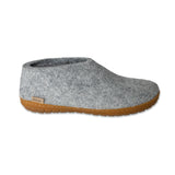 Gray slipper with honey rubber sole on a white background