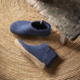 Pair of blue slippers on a woven mat